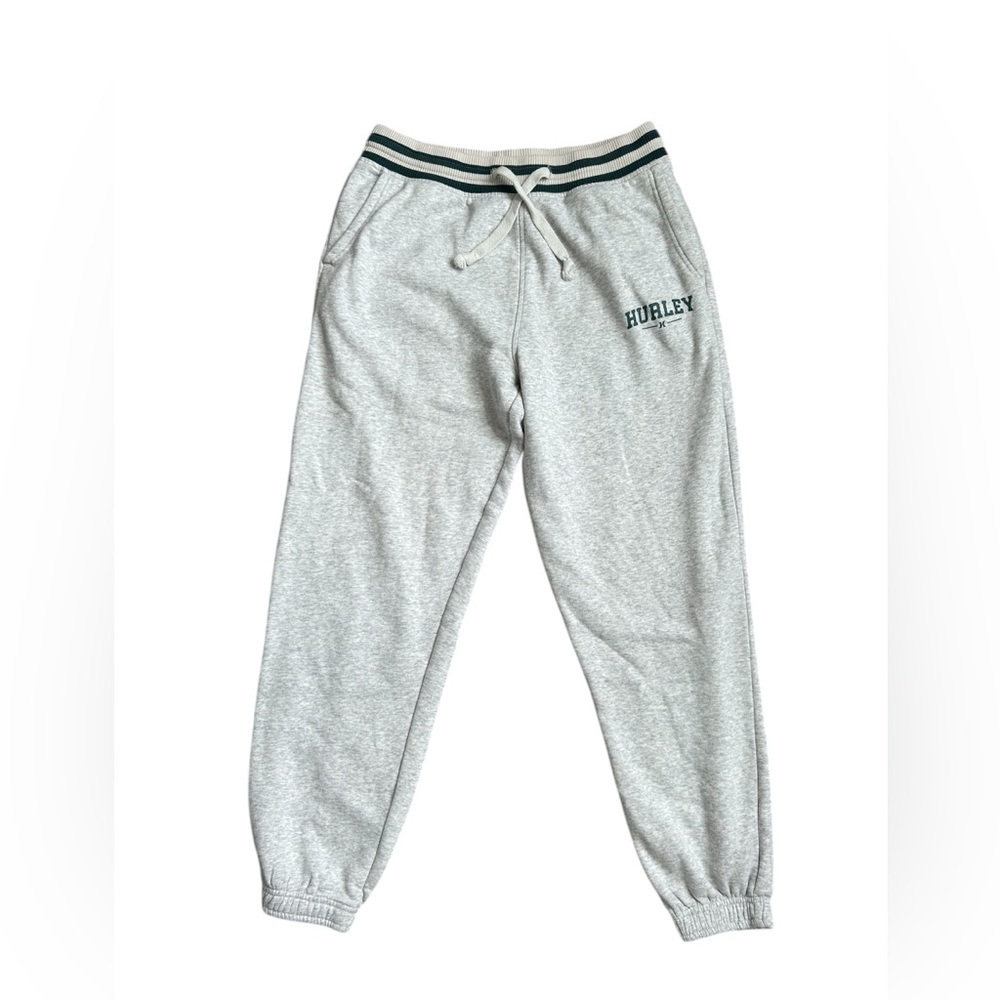 Hurley Men’s Gray Joggers with Dark Green Lettering and Strips size small